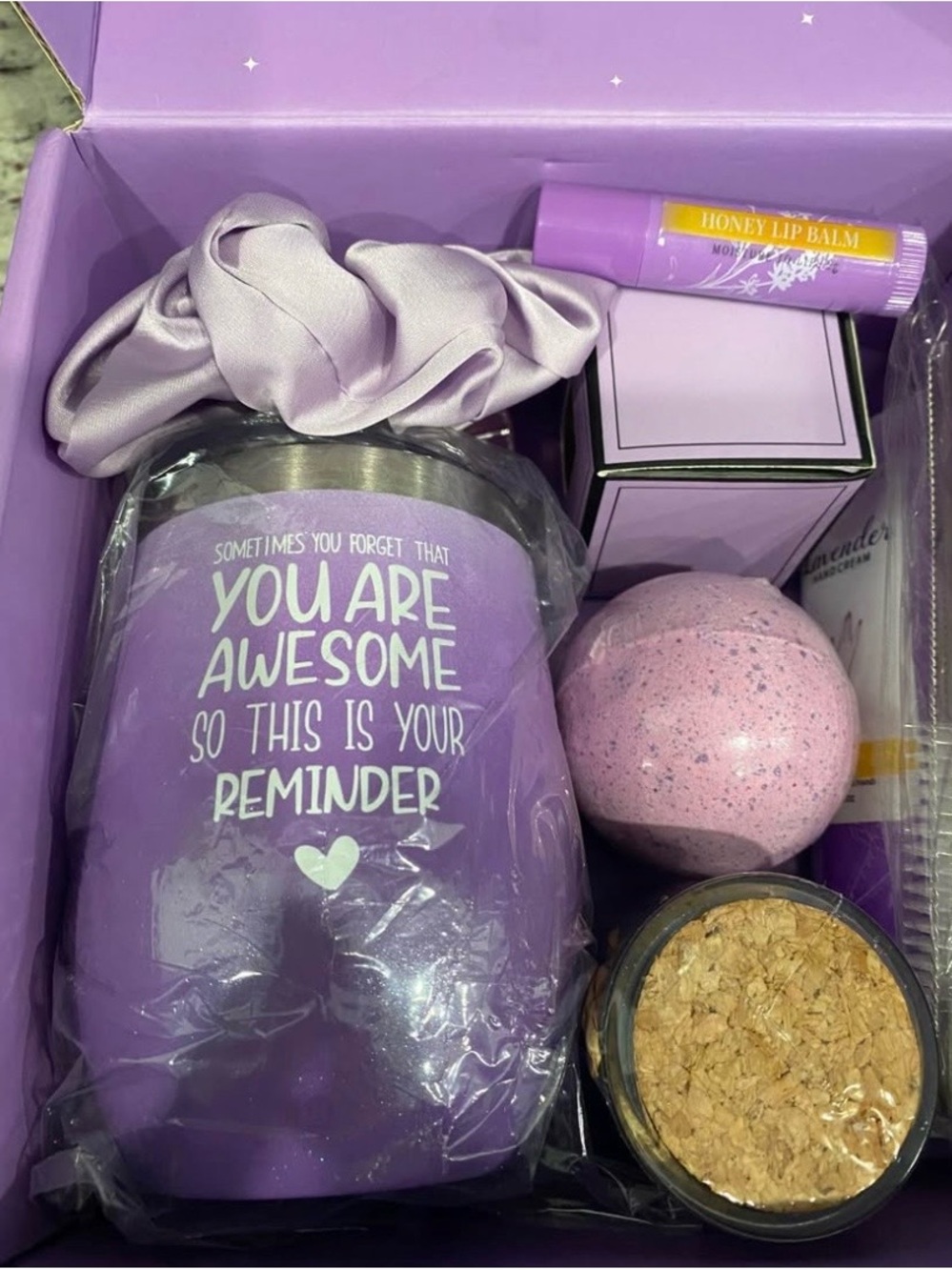 NEW - Gift set for Women, Birthday, lavender candle, tumbler, bath bomb, card - Picture 2 of 10